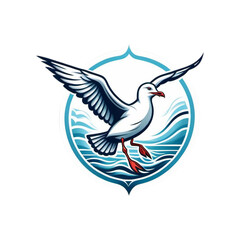 Elegant Pigeon in Flight Logo Illustration with Detailed Wings and Ocean Waves Background