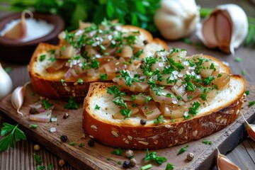 Autumn day healthy snack lard sandwiched with onion and garlic