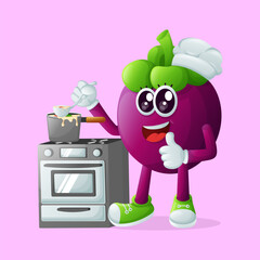 Cute mangosteen character cooking on a stove