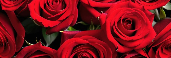 Obraz premium Beautiful banner with red roses background of Mothers, Valentine Day, Birthday, Anniversary, Wedding. Copy space. For advertisement, greeting card mockup, presentation, header, poster, website, print.