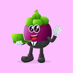 Cute mangosteen character typing on a computer