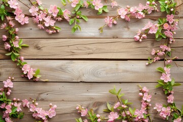 Naklejka na ściany i meble Blooming spring flowers on wooden backdrop