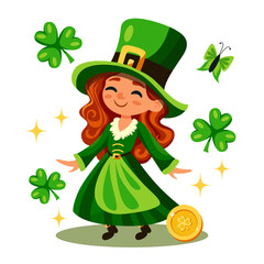 Cute St Patricks day leprechaun girl character.