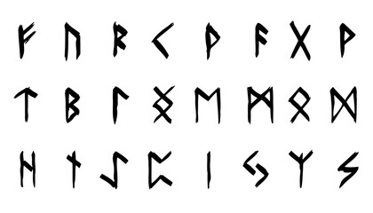 Scandinavian runes. black letters on white background. Set of old Norse Runic alphabet, Futhark. Ancient occult Viking characters on white background, rune font. - obrazy, fototapety, plakaty