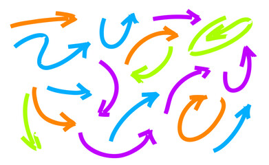 Arrows of different shapes. Abstract symbol for direction and path indication. Graphic colorful pointer