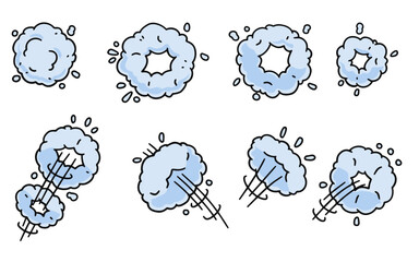 Comic bubble cloud. Track and trace. An abstract element of movement. Cartoon black and white illustration. Set of Funny smoke and steam.