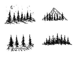 Forest trees silhouette. Set of Stencil of pine. Winter park landscape. Wooden decor element with mountain. Concept of adventure and travel, active lifestyle in nature