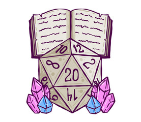 Dice d20 for playing Dnd. Dungeon and dragons board game. Cartoon outline drawn illustration with magic gems and spell book