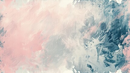  an abstract painting with pink, blue, and grey colors on a white and pink background with a black and white design on the bottom half of the image and bottom half of the image.