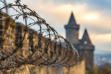 Barbed wire and fence against castle and sky backdrop - obrazy, fototapety, plakaty