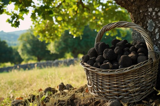 Basket of black truffles near Spanish oak field