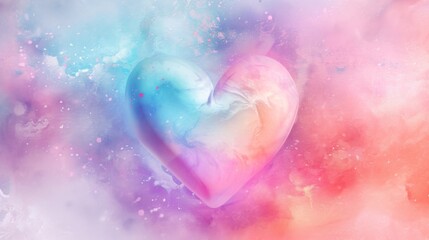  a painting of a heart on a pink, blue, and pink background with bubbles of paint on the left and right side of the heart on the right side of the image.