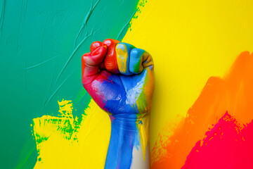 medium shoot Rainbow colors painted hand raised making fist sign over Rainbow colors background, LGBTTTQ pride symbol,