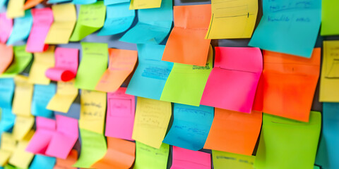Many colorful sticky notes or adhesive notes on wall - obrazy, fototapety, plakaty