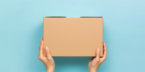 Female hands holding brown rectangular cardboard box on light blue background. Mockup parcel box. Packaging, shopping, delivery concept