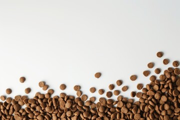 Dry food for cats or dogs scattered on a white background. Pet nutrition. Horizontal background with copy space