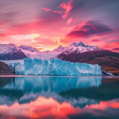 A majestic glacier reflects the stunning colors of the sunrise over a serene glacial lake, surrounded by rugged mountains and a blanket of snow, creating a breathtaking landscape that captivates with - obrazy, fototapety, plakaty