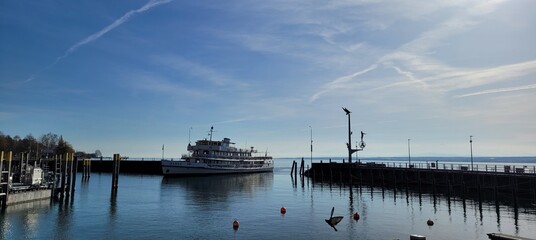 Sunny day in Meersburg, Germany, lake Constance, ship