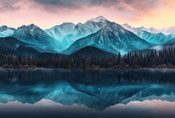 A serene and majestic landscape of a glacial lake surrounded by towering mountains, adorned with vibrant trees, as the sky reflects the colors of a breathtaking sunrise