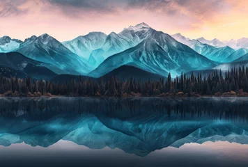 Afwasbaar fotobehang A serene and majestic landscape of a glacial lake surrounded by towering mountains, adorned with vibrant trees, as the sky reflects the colors of a breathtaking sunrise © Dejan