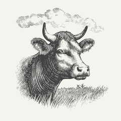 Vintage cow in farm landscape illustration. 