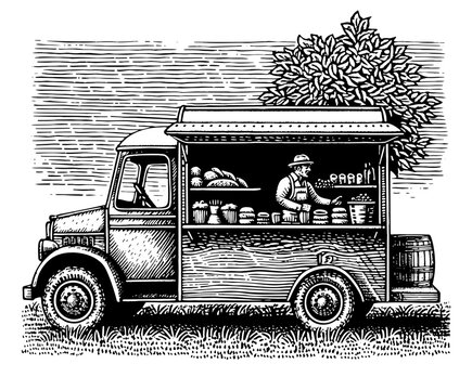 Food Truck. Vintage woodcut engraving style vector illustration isolated on white.