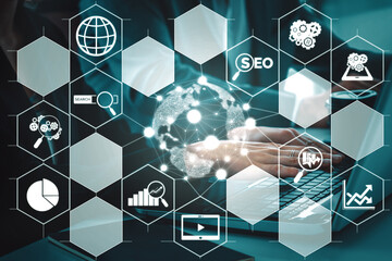 SEO - Search Engine Optimization for Online Marketing Concept. Modern interface showing symbol of...