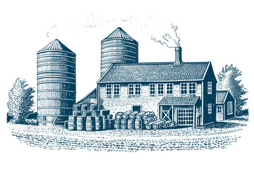 Old brewery facade. Vintage woodcut engraving style vector illustration.