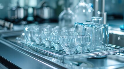  a bunch of glasses sitting on top of a metal shelf next to a water dispenser and a bottle of water on a counter top in a kitchen. - obrazy, fototapety, plakaty