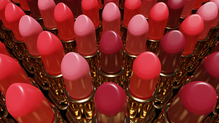 3d illustration, a collection of lipsticks of different color shades. Cosmetics, decorative cosmetics