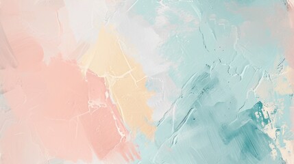  an abstract painting with pastel colors of blue, pink, yellow, and orange on a white background with a pink and yellow stripe on the bottom half of the painting.