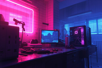 Powerful Personal Computer Gamer Rig with First-Person Shooter Game on Screen Monitor Stands on the Table at Home Cozy Room with Modern Design is Lit with Pink Neon Light