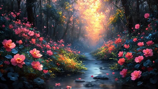 ピンクの花と森の自然風景,Generative AI 