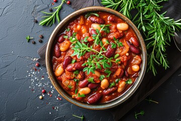 Close up top view of a bowl of stewed cranberry beans in tomato sauce with herbs on a table - obrazy, fototapety, plakaty