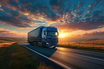 Blue truck arriving on rural road at sunset