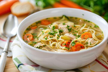 Chicken noodle vegetable soup in a white bowl