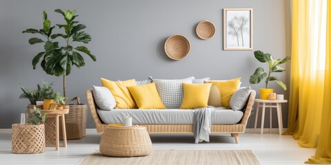 Contemporary boho living room with gray sofa, yellow pillows, plaid, plants, paintings, rattan basket, and personal accessories. Stylish home decor.