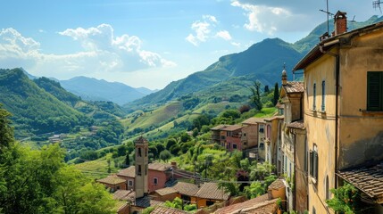 Fototapeta premium a village with mountains in the background and a blue sky with clouds in the foreground with a few clouds in the sky, and a few buildings in the foreground.