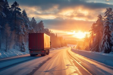 Cargo truck delivering goods in snowy northern Europe at sunset