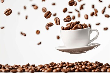 Obraz premium Coffee beans and a cup in flight on a plain white background