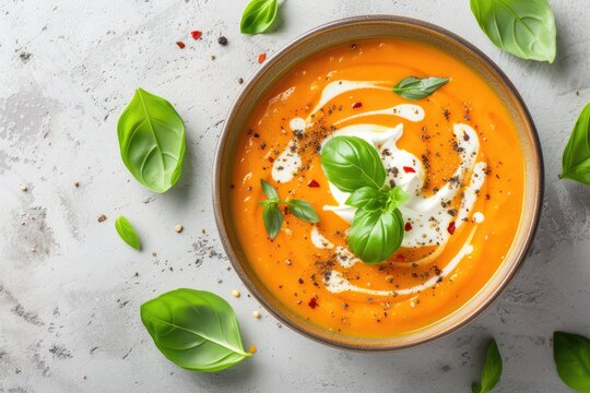 Coconut cream and basil leaves garnish sweet potato soup on a white stone background