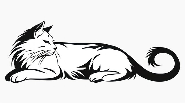  a black and white drawing of a cat laying on top of it's back with its paws on it's back, with a tail curled up, looking to the side.