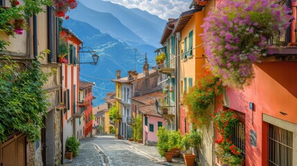 Naklejka premium a cobblestone street in a small town with flowers on the windows and a view of a mountain range in the distance with a telephone box in the foreground.