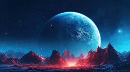 a bright blue planet in the background