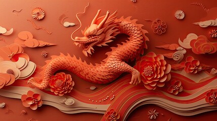 A shining golden dragon, clean red background, poster concept