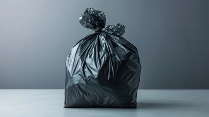  a black trash bag sitting on top of a white table next to a gray wall with a black plastic bag on top of it and a black plastic bag in the middle.