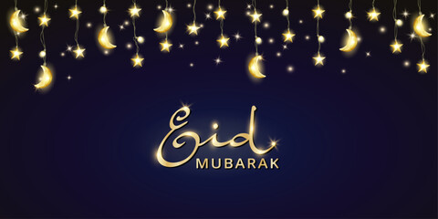 Eid Mubarak banner with islamic decoration. Hanging stars and crescents lights string frame. Muslim holidays garland. Ramadan and Al Adha vector background. Eid calligraphy in arabic style.