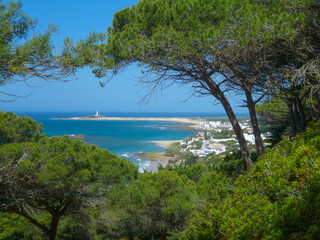 View from La Breña y Marismas de Barbate Nature Park to Cape Trafalgar Lighthouse and Los Caños de Meca