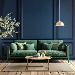 Navy blue living room elegance highlighted by a statement teal sofa and contemporary home styling.