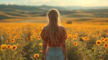  a woman standing in a field of sunflowers with her back to the camera looking at a field of sunflowers with a mountain range in the background.